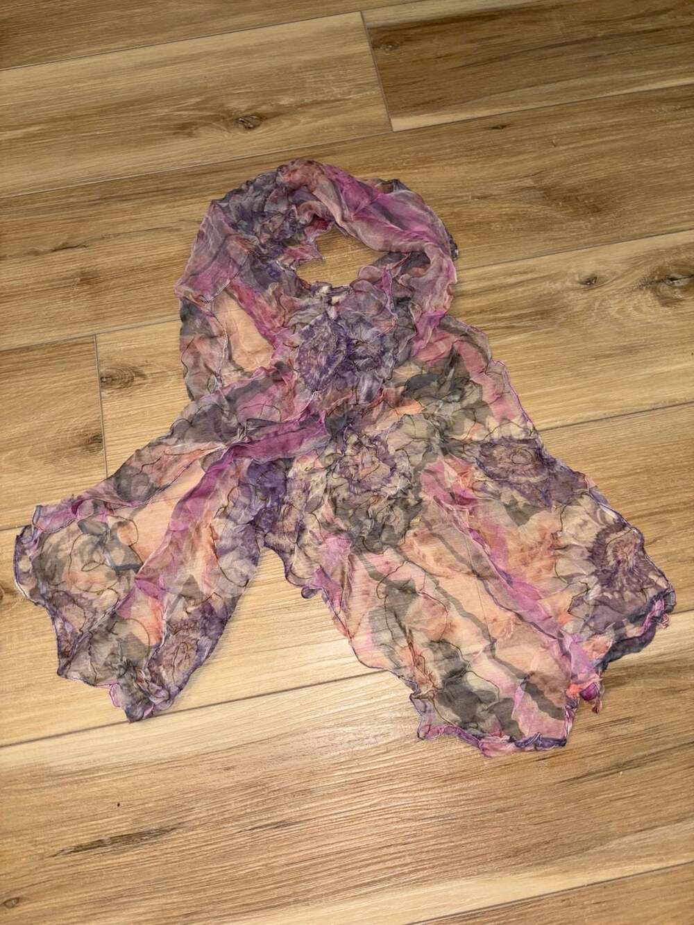Vintage Silk Sheer Floral Crinkle Scarf Purple Pink Gold Metallic